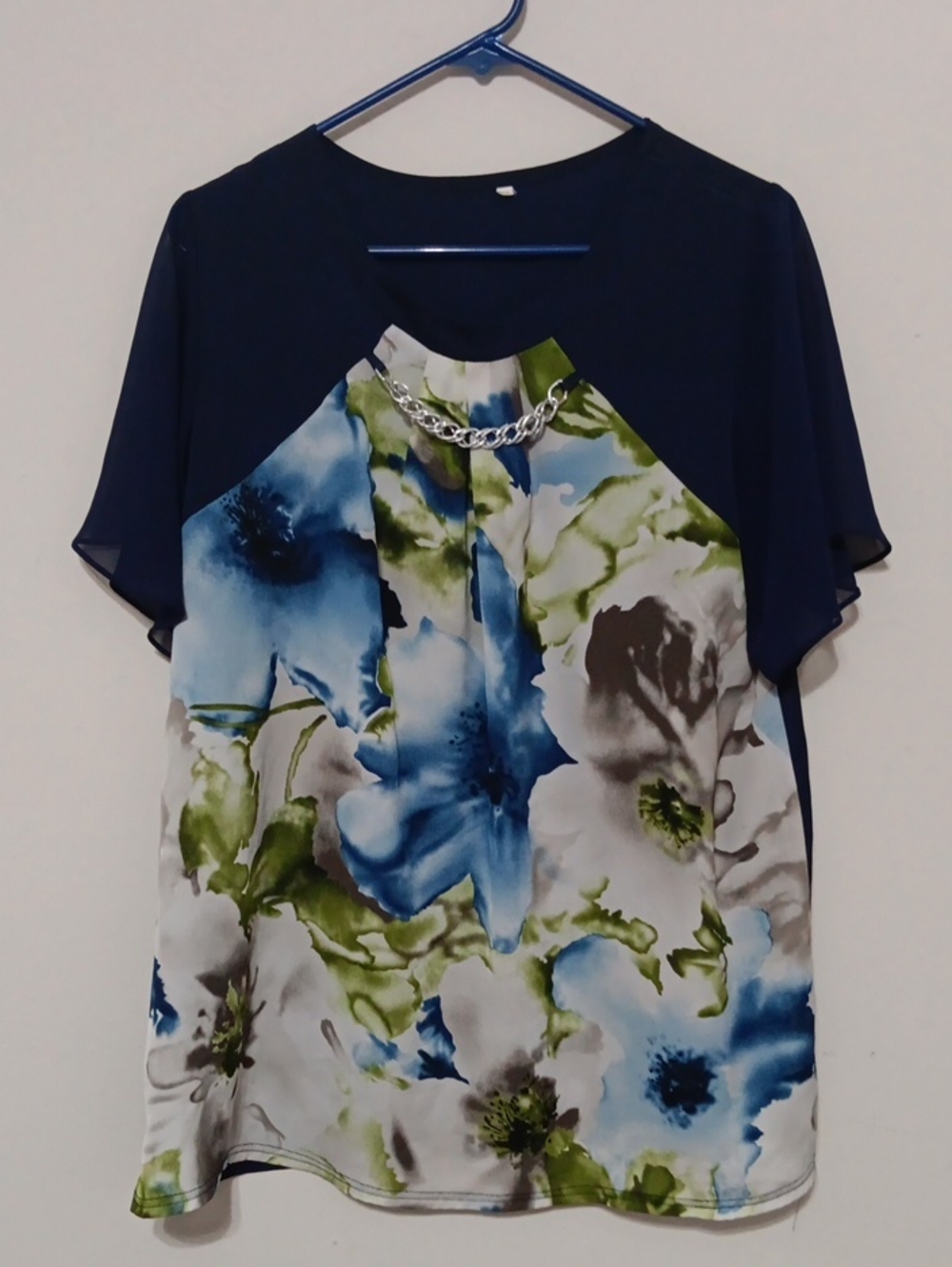 Navy and Multi Floral Chiffon Yoke Blouse with Chain Accent